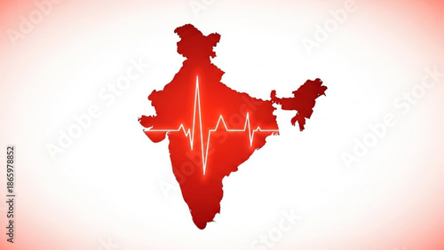 India map with glowing red heartbeat line, symbolizing nation's pulse or vitality, health and wellness concept with medical and cardiogram and ecg