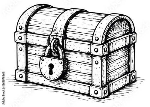 Hand drawn illustration of a treasure chest depicting a closed and locked box for adventure concepts