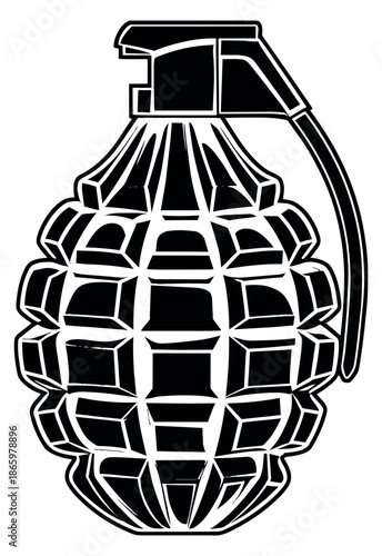 Bold line art illustration of a hand grenade depicting an explosive device for military themes
