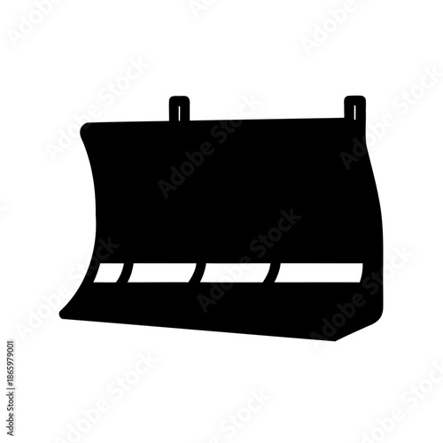 Black and white silhouette of a snowplow attachment, industrial design element