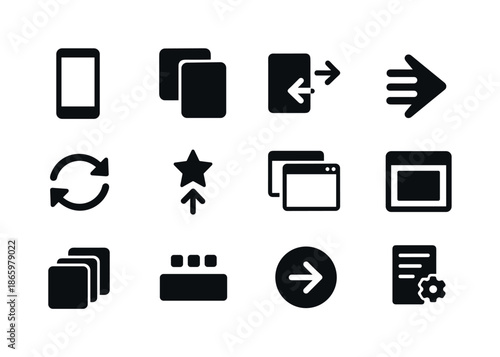 Icon Grid Overview. Task switching. Solid icon set of Task switching: app switcher, recent apps icon, screen swap, fast toggle icon, cycle arrows, quick jump