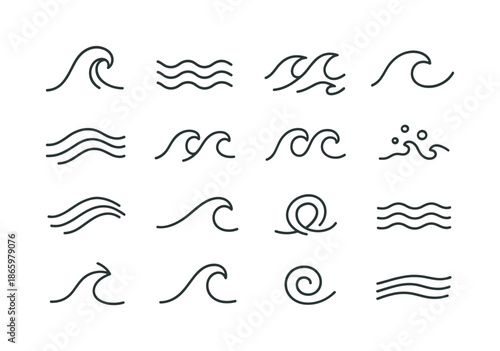 Ocean Rhythm Icons. Ocean Rhythms. Line icon set of Ocean Rhythms: wave beat, repeating ripple, swell pattern, curved tide, flowing arc, double crest, looped