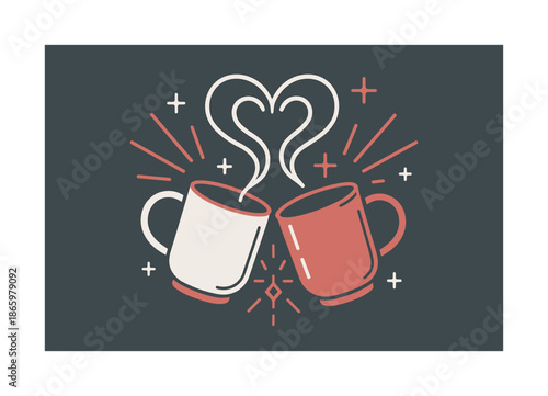 Heartfelt Brew. Making tea or coffee ? friends sharing a brew. Two cups clink mid-air with steam curling into heart shapes; geometric sparks radiate warmth.