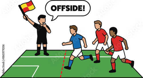 Soccer offside rule illustration depicting a linesman signaling a violation with a flag and whistle, featuring players and a speech bubble, vector illustration.