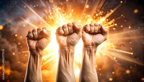 Three raised clenched fists symbolize power and solidarity against a vibrant, explosive background of golden light