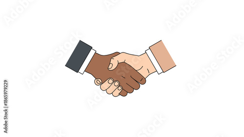 Simple illustration of two diverse hands, one light-skinned and one dark-skinned, firmly shaking hands, symbolizing agreement, partnership, diversity, and cooperation.