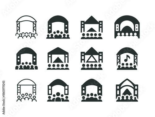 Music Festival Icons. Attending a music festival. Icon set. Set Logo of Attending a music festival: main stage. harmonious logo variations of the