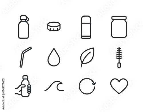 Reusable Bottles Icon Set. Reusable Bottles. Line icon set of Reusable Bottles: metal bottle, cap, thermos, glass jar, straw, water drop, leaf, cleaning brush,
