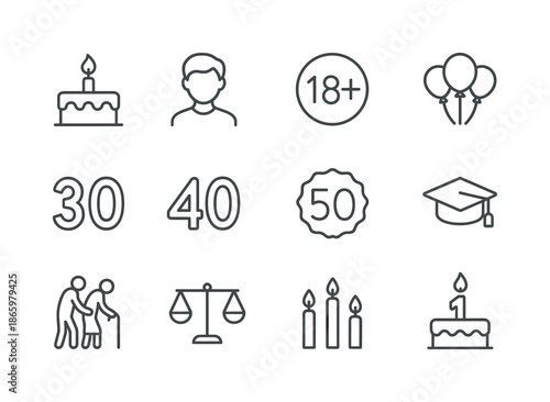 Age Milestones Icons. Age milestones. Line icon set of age milestones: 1st birthday, teen, +, 21st celebration, 30s icon, 40s icon, 50s badge, retirement hat,