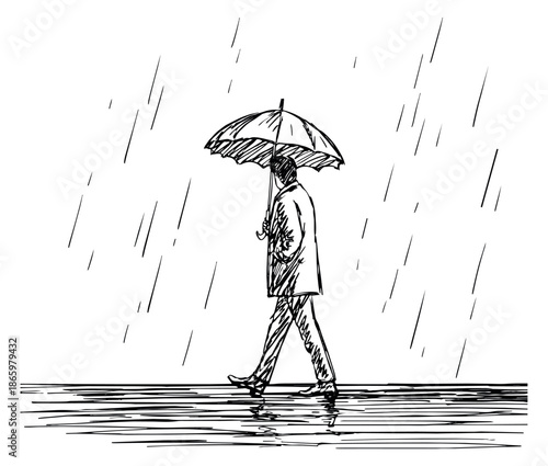 Hand drawn line art illustration of a man depicting walking in the rain with an umbrella for bad weather