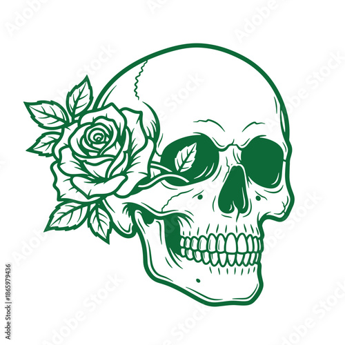 green skull with rose and leaves on side  human skeleton head with flower decoration