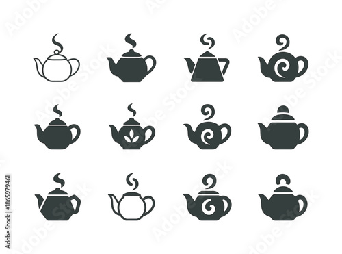Teapot Logo Variations. Teapot. Icon set. Set Logo of teapot: steam swirl. harmonious logo variations of the same emblematic concept, each with different