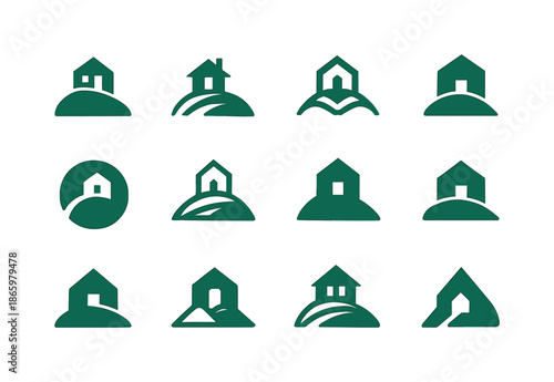 Hill Logo Variations. Hill. Icon set. Set Logo of Hill: hillside cabin. harmonious logo variations of the same emblematic concept, each with different artistic