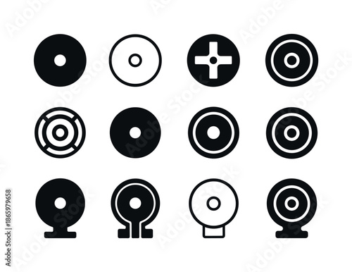 Barbell Plate Logos. Mass. Icon set. Set Logo of mass: barbell plate. harmonious logo variations of the same emblematic concept, each with different artistic