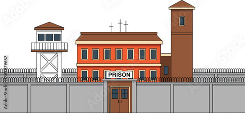 Prison building exterior vector illustration with guard tower fence and secure entrance criminal justice architecture isolated