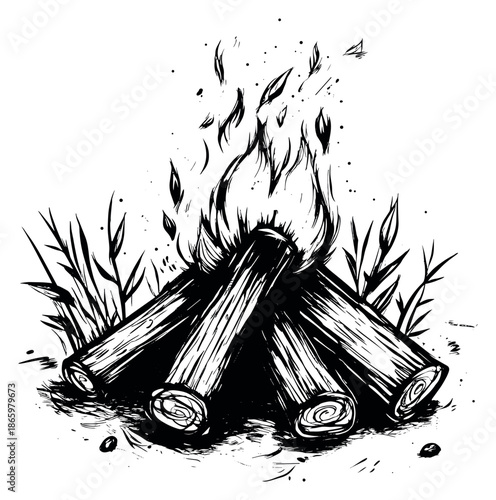 Hand drawn line art illustration of a campfire depicting a blazing fire for outdoor camping
