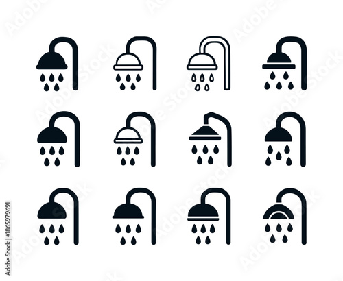 Stylish Shower Icons. Shower. Icon set. Set Logo of Shower: water droplets. harmonious logo variations of the same emblematic concept, each with different