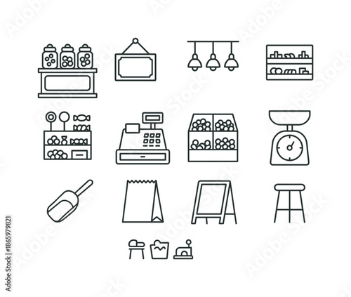 Candy Shop Icons. Candy Shop Interior. Line icon set of Candy Shop Interior: counter, candy jars, hanging sign, lights, shelf, cash register, display box,