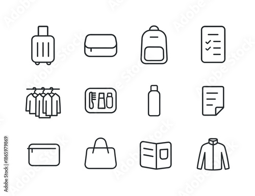 Minimalist Travel Icons. Minimalist travel. Line icon set of Minimalist travel: carry-on suitcase, packing cube, travel checklist, minimalist backpack, capsule