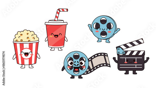 Adorable set of cartoon characters featuring a cheerful popcorn bucket, fizzy soda cup, expressive film reels, and a happy clapperboard, symbolizing cinema and movie night.