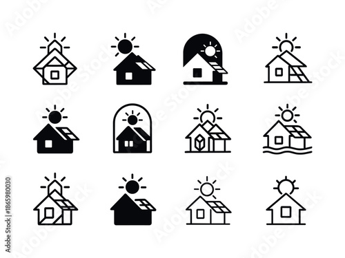 Solar Punk Logos. Solar punk architecture fans. Icon set. Set Logo of Solar punk architecture: energy-efficient home. harmonious logo variations of the same