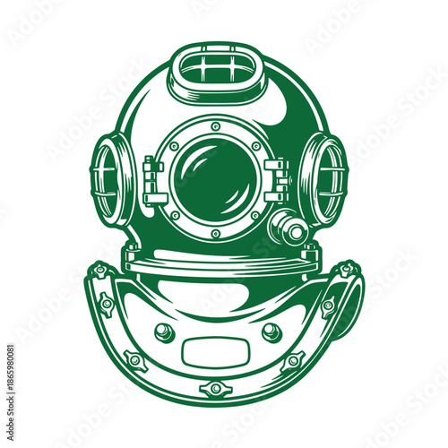 Green vintage diving helmet illustration isolated on white background for design and decoration