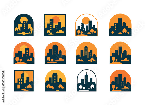 Cityscape Logo Variations. Cityscape at Sunset. Icon set. Set Logo of Cityscape at Sunset: city park in foreground. harmonious logo variations of the same