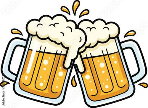 Two mugs of beer clinking together in a toast, cartoon style