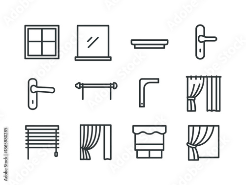 Window Setup Icons. Window setup. Line icon set of Window setup: frame, glass, sill, latch, handle, rod, bracket, curtain, blind, drape, valance, tieback. All