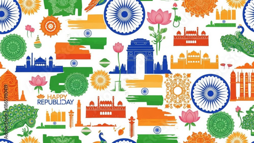 Vibrant indian republic day celebration background with iconic landmarks, flowers, and symbols in orange, green, and blue hues on white with Indian flag