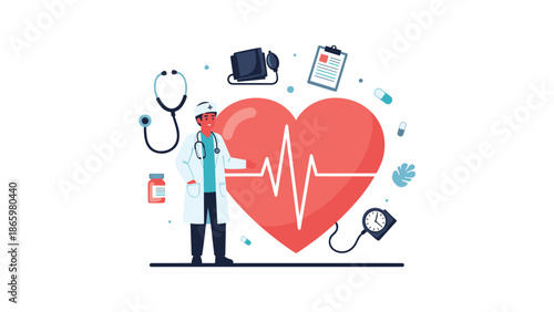 Professional illustration of a doctor standing beside a large human heart featuring an ECG heartbeat line, surrounded by various medical tools, symbolizing cardiology and health.