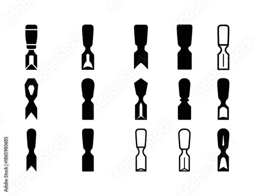 Chisel Tool Icons. Sharp tools. Icon set. Set Logo of sharp tools: chisel tip. harmonious logo variations of the same emblematic concept, each with different