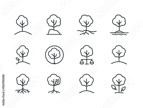 Lone Tree Icon Set. Lone Tree Symbolism. Line icon set of Lone Tree Symbolism: solitude, strength, resilience, stillness, growth, time, patience, balance,