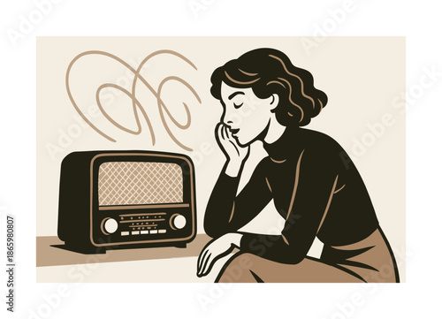 Vintage Radio Vibes. Old radio chic. Model listening to a classic radio; sound waves forming soft geometric loops. Slight tilt in posture for dynamic rhythm.