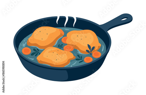 Braised Chicken Delight. Braised chicken thighs. Golden chicken thighs sit in a skillet with floating carrots and herbs, gentle motion waves showing simmering