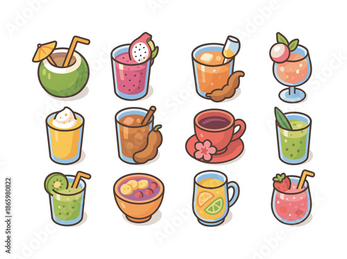Exotic Drink Icons. Exotic drinks. Colorful isometric vector icons set of exotic drinks: coconut cocktail, dragonfruit drink, guava cooler, lychee spritzer,