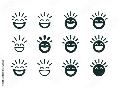 Laughter Icon Variations. joke telling. Icon set. Set Logo of joke telling: burst of laughter lines. harmonious logo variations of the same emblematic concept,