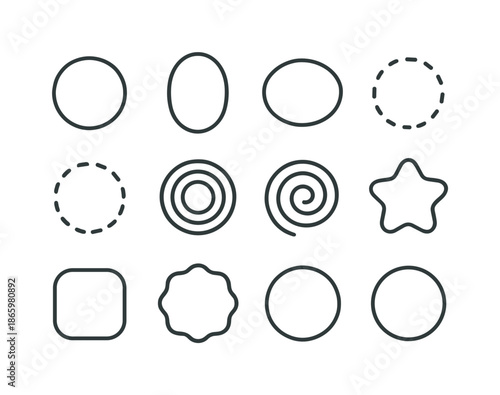 Round Icons Collection. Round shapes. Line icon set of Round shapes: circle, oval, ellipse, dotted circle, dashed circle, concentric circles, spiral circle,