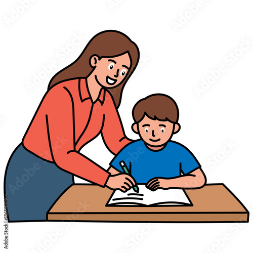 Teacher Helping Student with Assignment Illustration