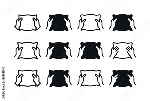 Fluffing Pillows Icons. Fluffing Pillows. Icon set. Set Logo of Fluffing Pillows: pillow being pressed from both sides. harmonious logo variations of the same
