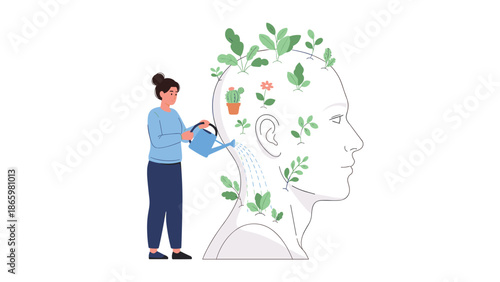 A person watering a human head outline from which green plants are growing, symbolizing mental health care, personal growth, and nurturing the mind.