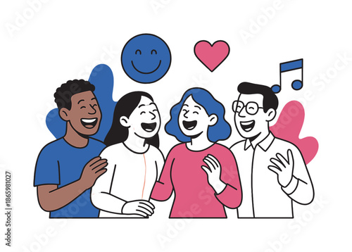 Joyful Cultural Connections. Laughter across cultures. A diverse group sharing joyful expressions and connected by floating smile, heart, and music icons.