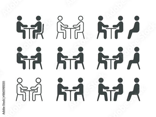 Non-Verbal Interview Icons. Non-verbal communication in interviews. Icon set. Set Logo of Non-verbal communication in interviews: posture. harmonious logo