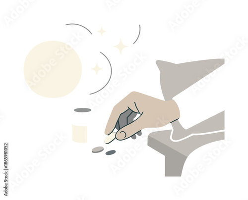 Bedside Vitamin Ritual. Bedside routine. A hand placing vitamins next to a glowing lamp; spark shapes hovering in quiet stillness. Light lines showing gentle