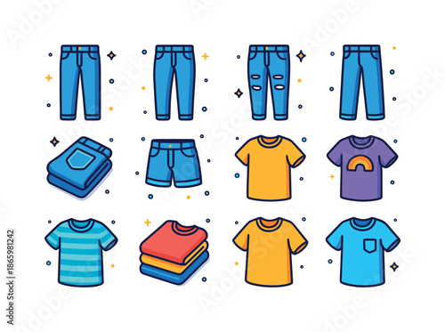 Colorful Denim Icons. Jeans and tees. Colorful isometric vector icons set of jeans and tees: classic blue jeans, skinny jeans, ripped jeans, straight-leg