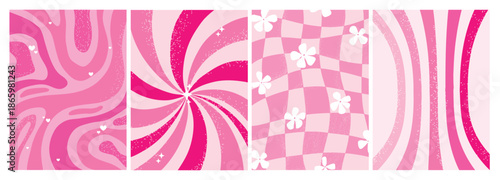 Groovy wallpapers collection in pink color palette for banners, prints, cards, posters, templates, social media visuals, etc. EPS 10