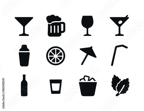 Happy Hour Icons. Happy hour icons. Solid icon set of happy hour icons: cocktail glass, beer mug, wine glass, martini, shaker, citrus slice, umbrella, straw,