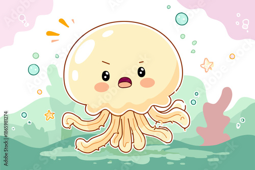 Cute Cartoon Jellyfish Underwater Scene