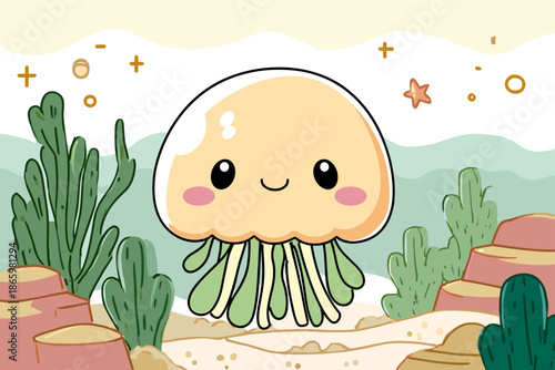 Cute Cartoon Jellyfish Underwater Scene