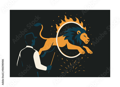 Majestic Hoop Leap. Performing lions. Majestic lion leaping through a glowing hoop; sparks drifting around the arc. Trainer?s silhouette standing back to